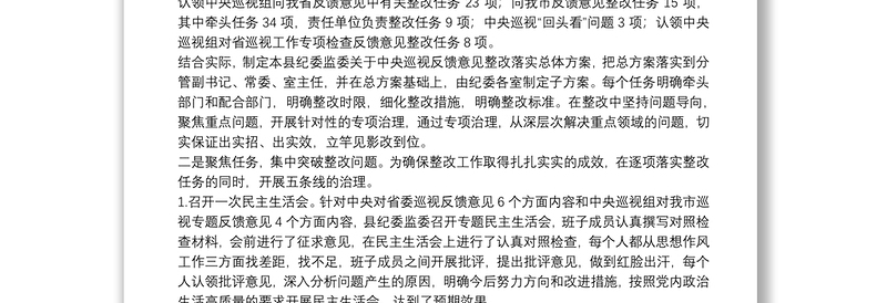 X县纪委监委关于巡视反馈意见整改落实情况的报告