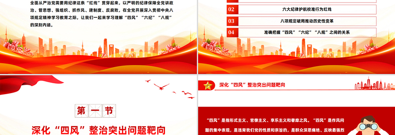红色简洁四风六纪八规党的作风建设党课PPT课件