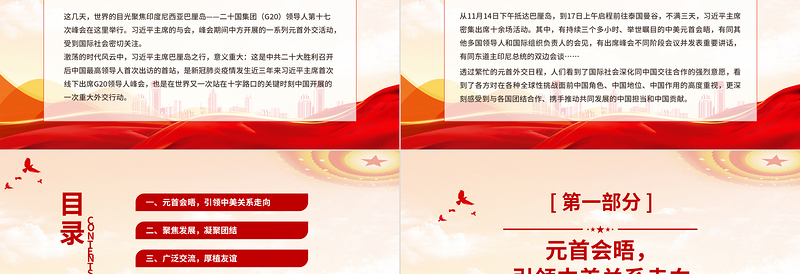 2022二十国集团领导人第十七次峰会PPT精美风从巴厘岛之行感受中国担当和中国贡献专题党课课件模板