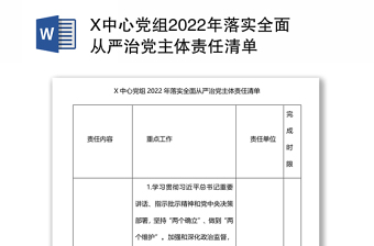X中心党组2022年落实全面从严治党主体责任清单