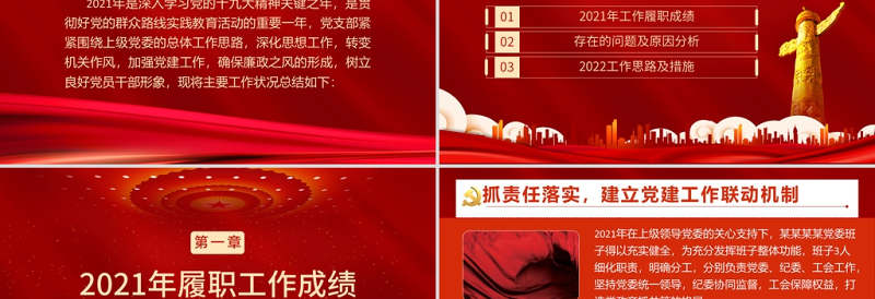 2022基层党支部年终述职PPT红色大气机关事业单位年终述职专题党课课件模板