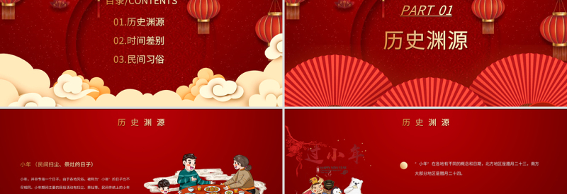 红色喜庆插画小年快乐南北方小年文化差异ppt