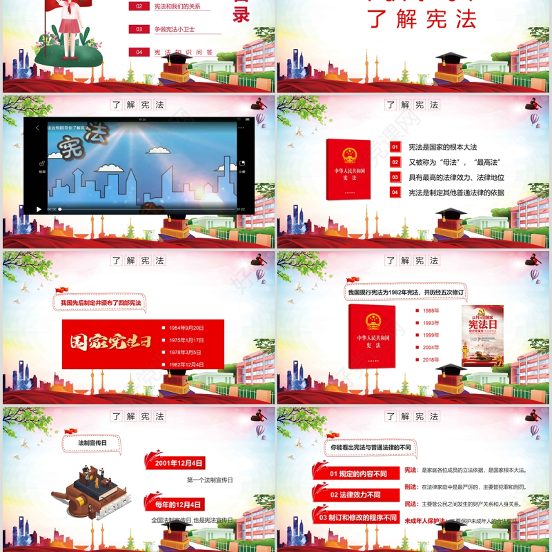 红色卡通党政风小学生宪法知识学习国家宪法日主题班会PPT模板