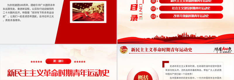 中国青年运动史PPT红色党建风中国共青团成立100周年弘扬五四精神挥洒热血青春专题团课