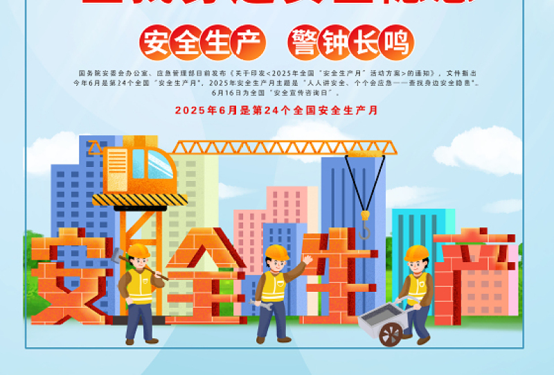 2025年全国安全生产月海报精美卡通风人人讲安全个个会应急查找身边安全隐患宣贯挂画展板