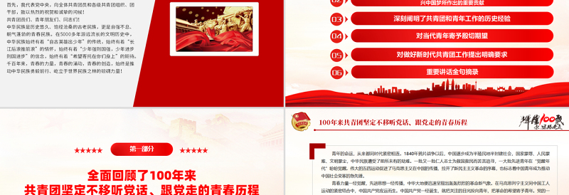 红色精美在庆祝中国共产主义青年团成立100周年大会上的讲话精神解读团课课件