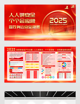 红金光效2025安全生产月人人讲安全个个会应急查找身边安全隐患展板宣传栏模板