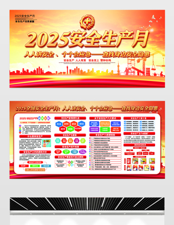 人人讲安全个个会应急查找身边安全隐患宣传栏橙色精美2025全国安全生产月宣传教育展板设计