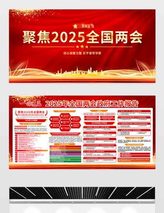 红金光效聚焦2025全国两会宣传展板设计模板