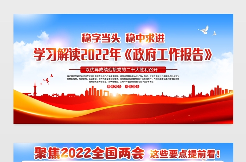 学习解读2022年政府工作报告宣传栏红色大气聚焦全国两会宣传展板设计