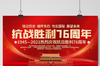 1945-2021热烈庆祝抗日胜利76周年展板铭记历史缅怀先烈勿忘国耻展望未来宣传展板设计模板下载