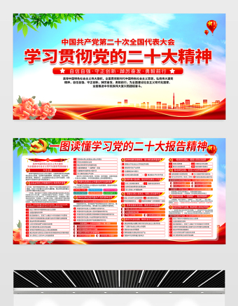 2022学习贯彻党的二十大精神展板红色精美党的20大精神基层党支部社区学习教育宣传栏设计模板