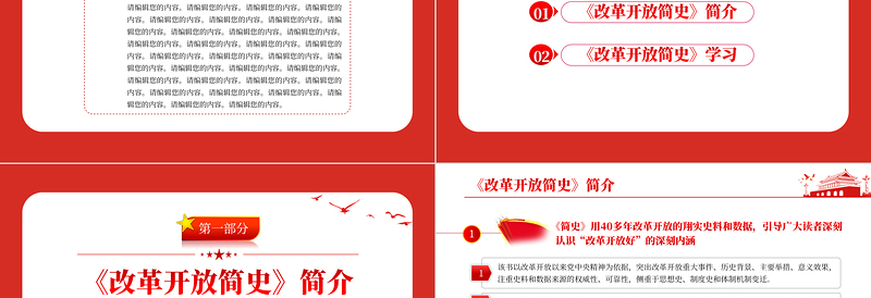 改革开放简史PPT红色大气蕴含中国改革开放40多年的治国理政智慧和历史经验的壮阔实践史党课课件
