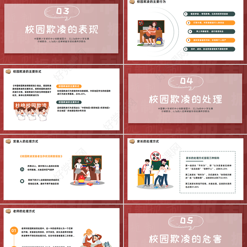 反对校园霸凌PPT插画风预防校园欺凌主题班会课件