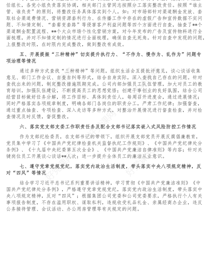 纪检委员落实全面从严治党主体责任情况报告