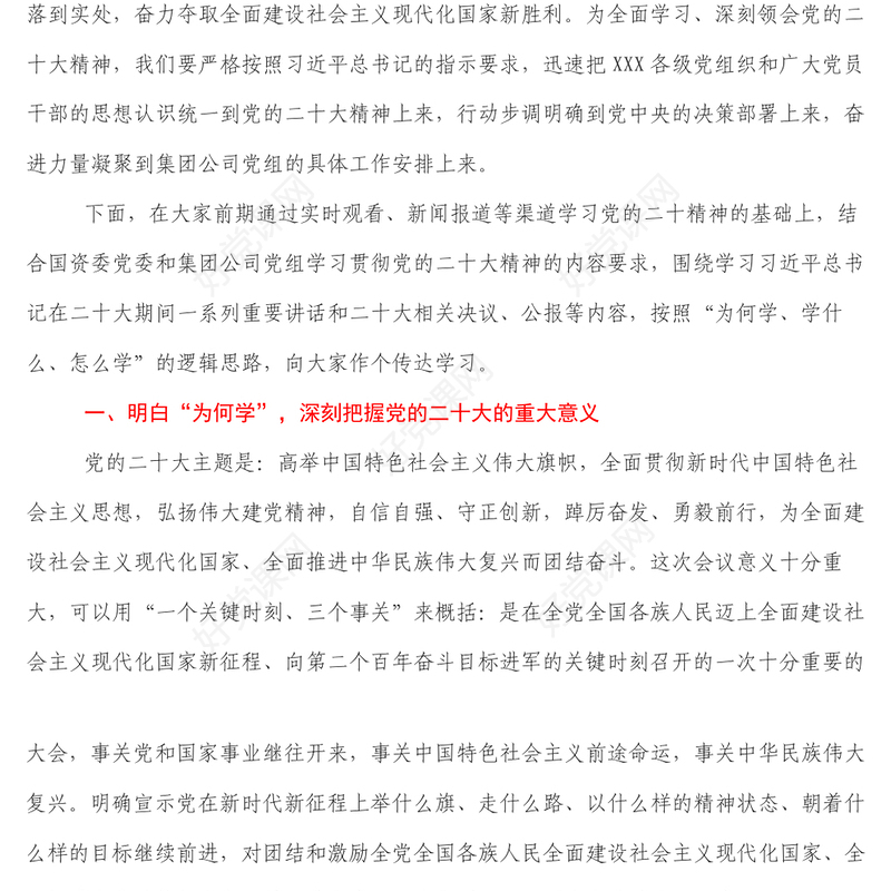 国企党委书记在传达学习党的二十大精神专题会议上的讲话