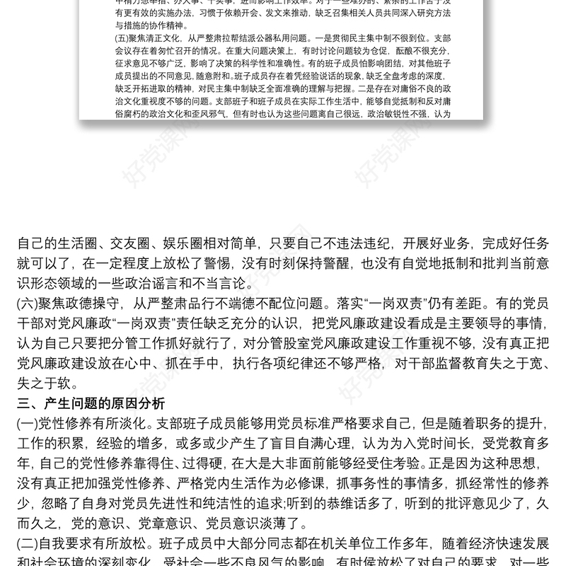 党支部班子讲忠诚严纪律立政德专题警示教育组织生活会对照检查材料