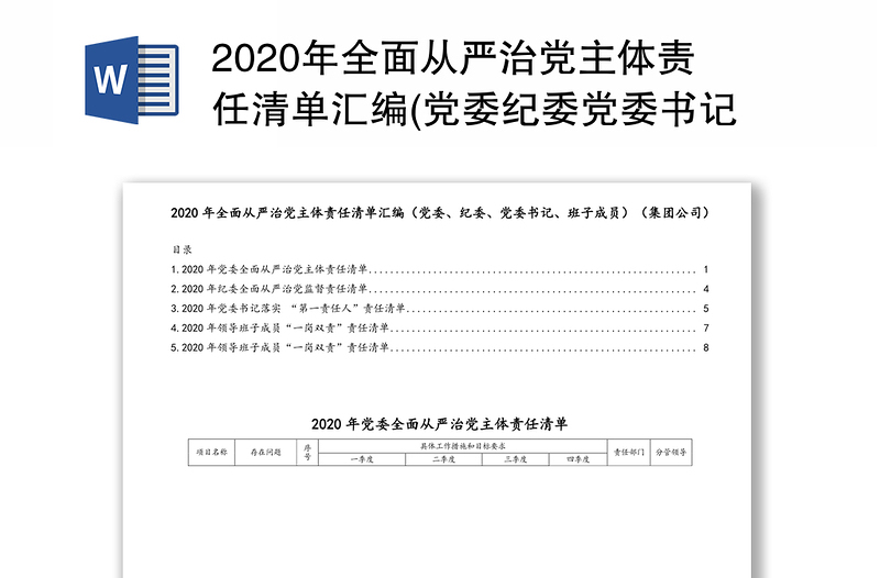 2020年全面从严治党主体责任清单汇编(党委纪委党委书记班子成员)(集团公司)