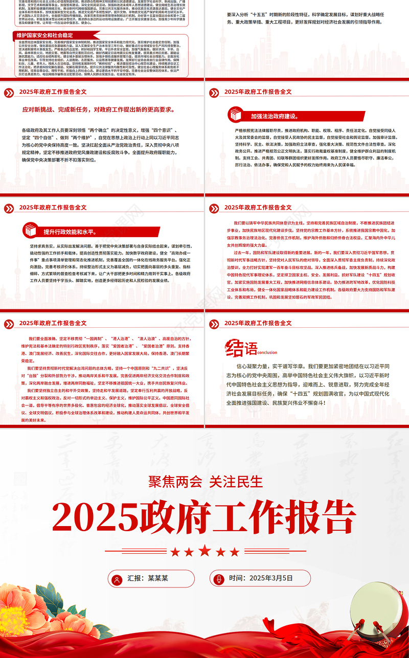 2025全国两会政府工作报告全文学习PPT大气简洁聚焦两会关注民生课件