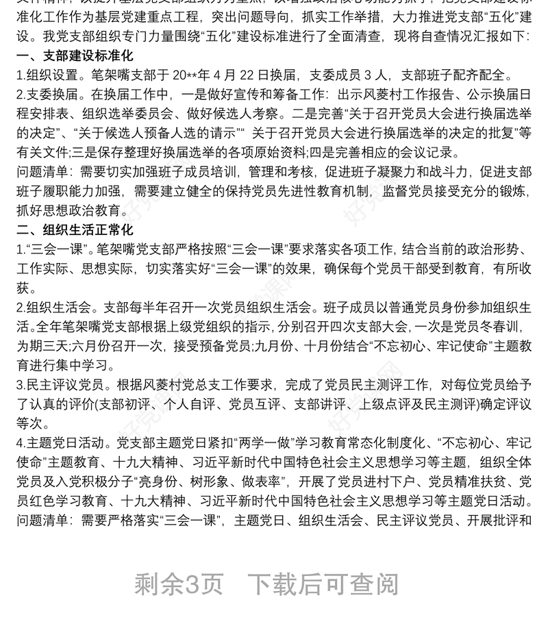 某单位党支部“五化”建设自查报告党支部自查报告