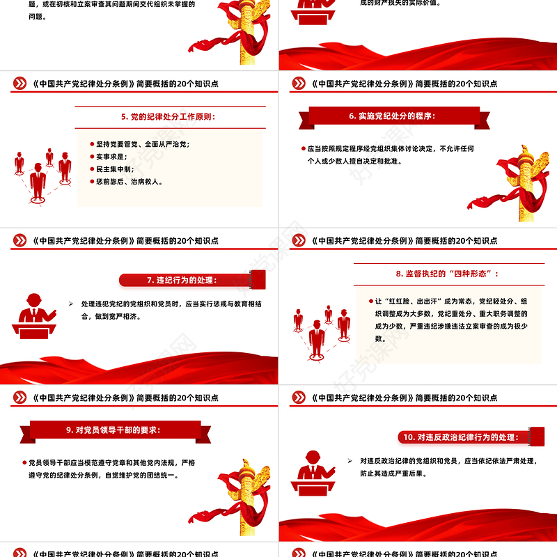 红色创意简要概括关于《中国共产党纪律处分条例》的20个知识点PPT下载