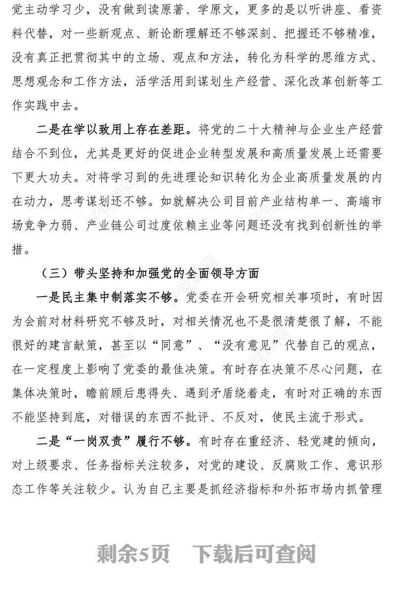 2023年民主生活会六个带头个人对照检查2022年度六个方面两个确立思想凝心铸魂全面领导改革发展稳定斗争精神从严治党责任等方面集团企业党委书记检视剖析材料发言提纲