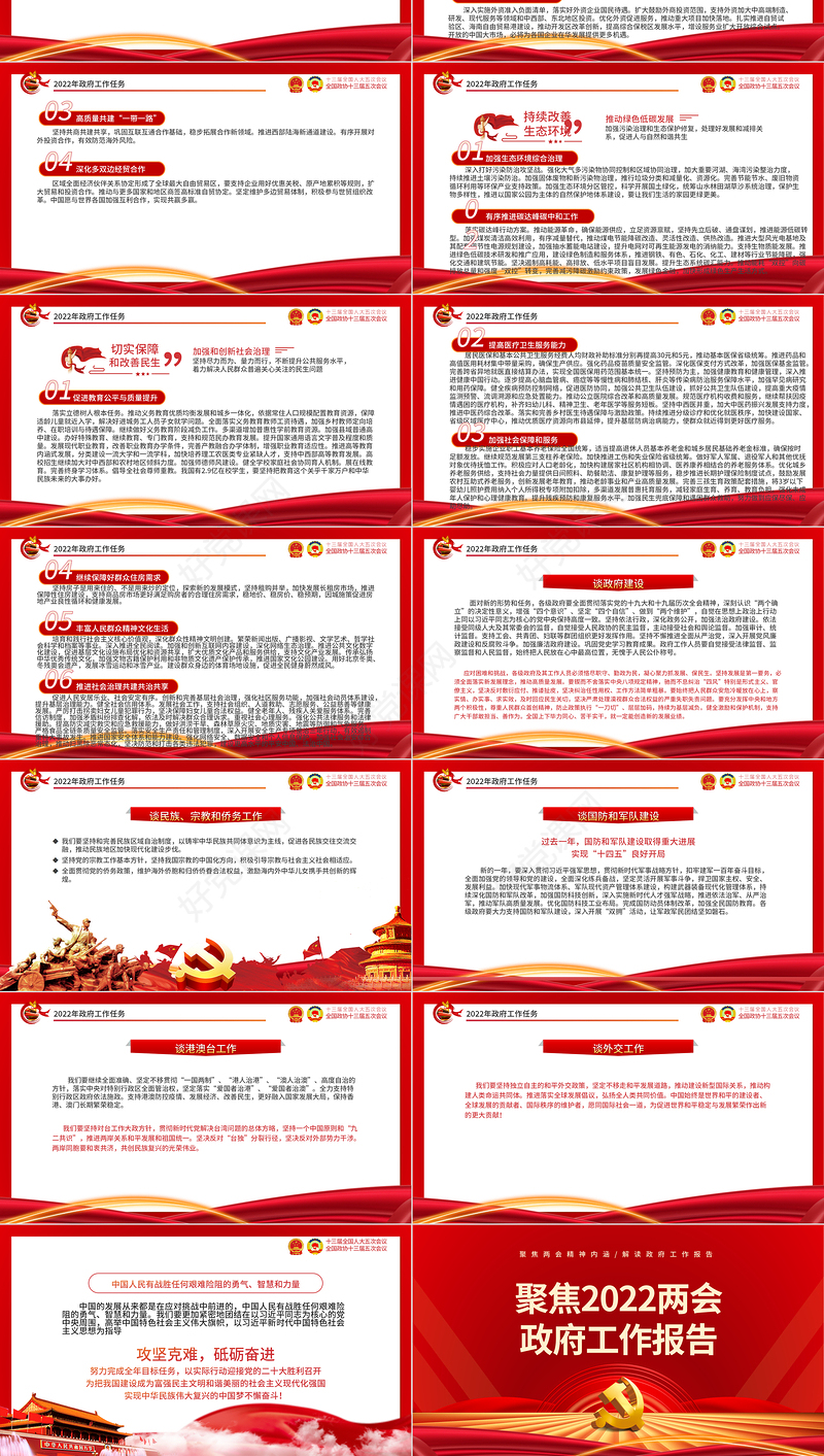 2022全国两会政府工作报告PPT红色大气党政风学习解读两会精神内涵专题课件模板