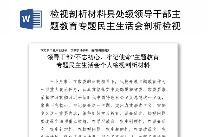 检视剖析材料县处级领导干部主题教育专题民主生活会剖析检视材料