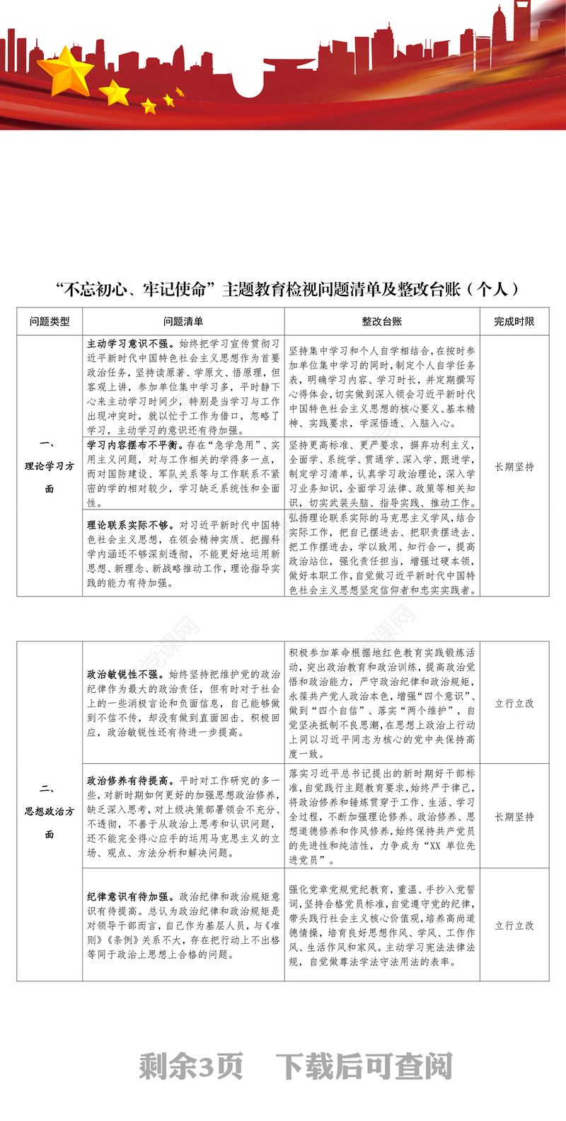 主题教育检视问题整改清单及整改台账