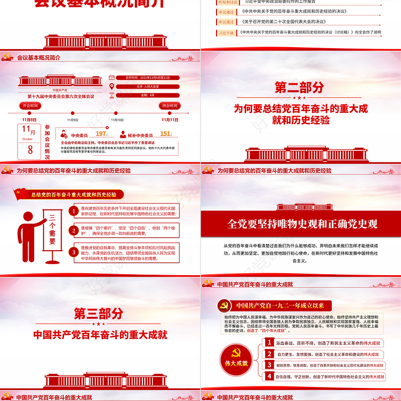 全面总结学习党的百年奋斗重大成就和历史经验PPT简洁风十九届六中全会公报内容介绍党课课件