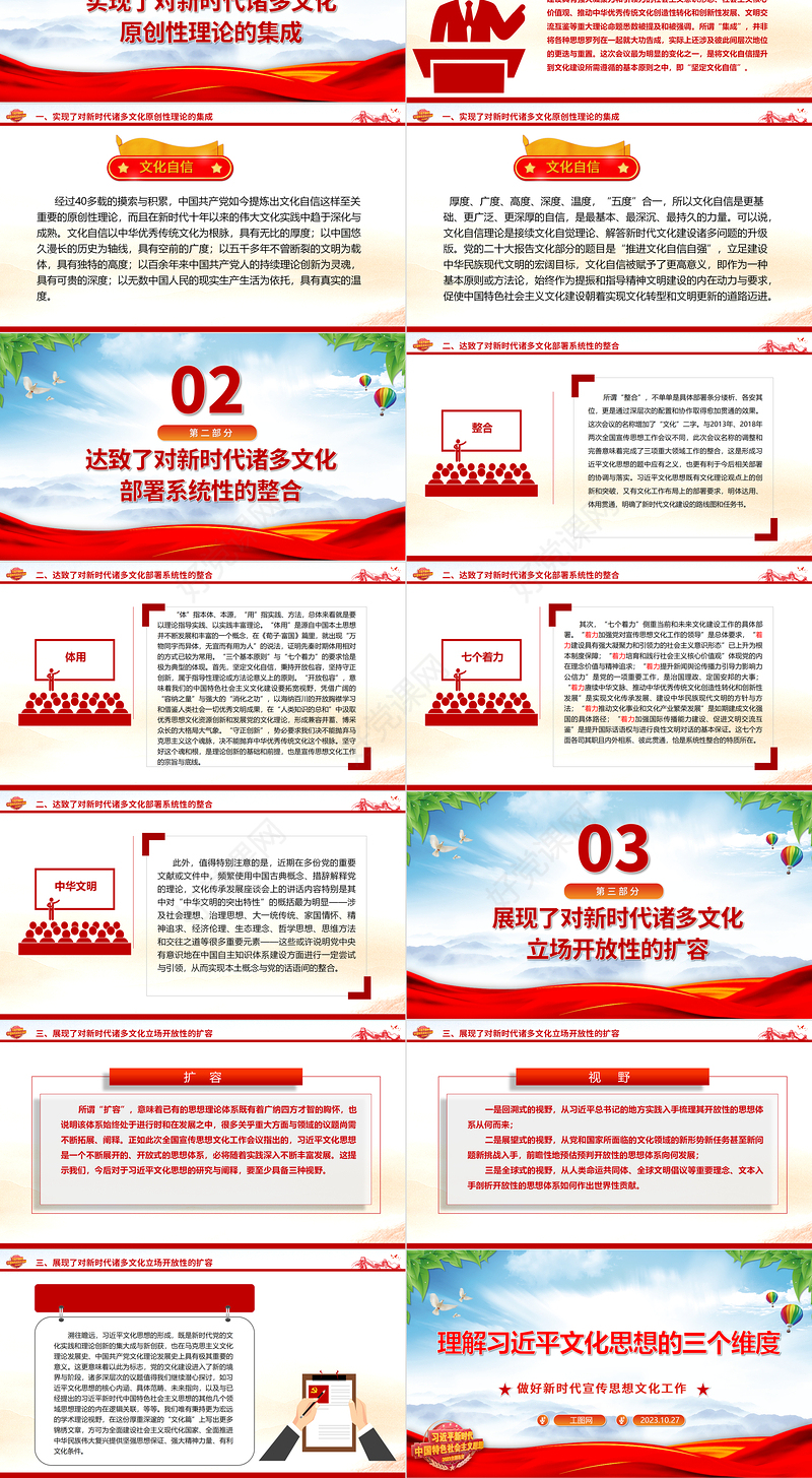 2023深入学习习近平文化思想的三个维度ppt精美大气坚强思想保证、强大精神力量、有利文化条件党组织党支部党员学习专题教育党课