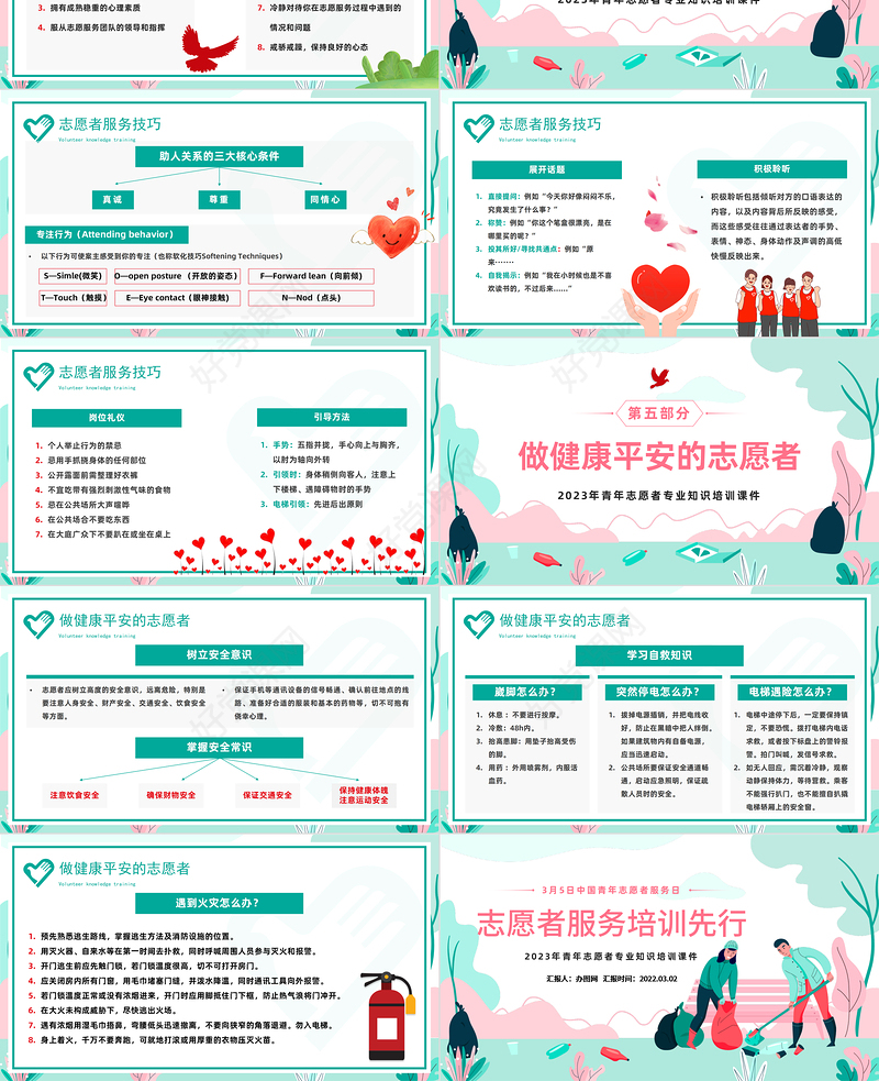 2023志愿服务培训先行PPT卡通风青年志愿者专业知识培训课件模板下载