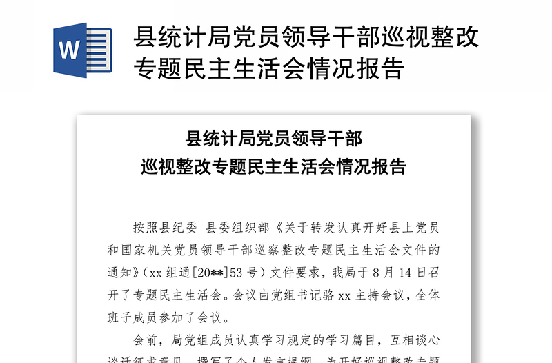 县统计局党员领导干部巡视整改专题民主生活会情况报告