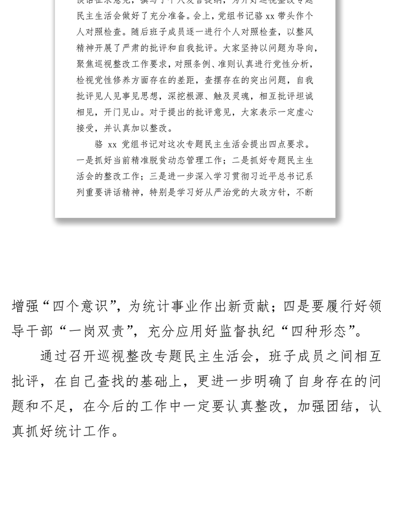 县统计局党员领导干部巡视整改专题民主生活会情况报告