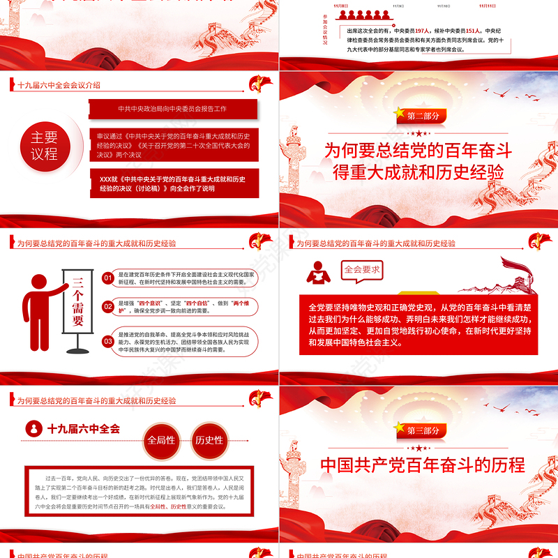 六中全会PPT红色简洁风深入解读十九届六中全会会议精神及其公报全文内容党员学习党课课件
