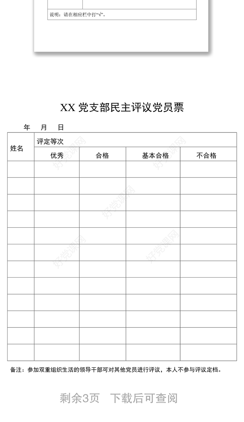党支部年终民主评议登记表等4张工作材料