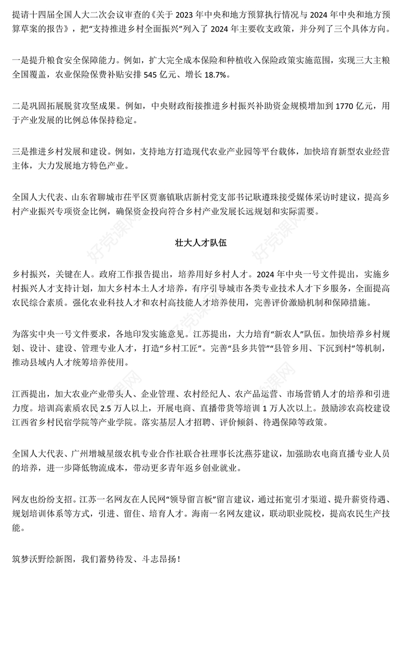 2024扎实推进乡村全面振兴全国两会关键词之四党课PPT(讲稿)