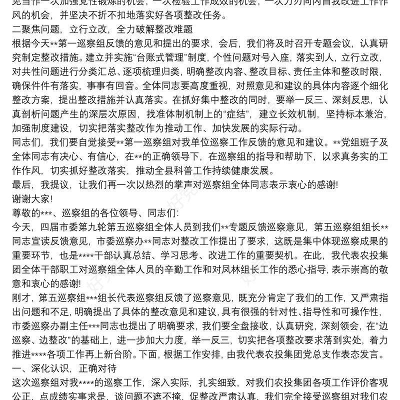 巡察反馈会表态发言稿