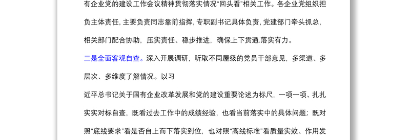 全国国有企业党的建设工作会议精神贯彻落实“回头看”情况报告范文