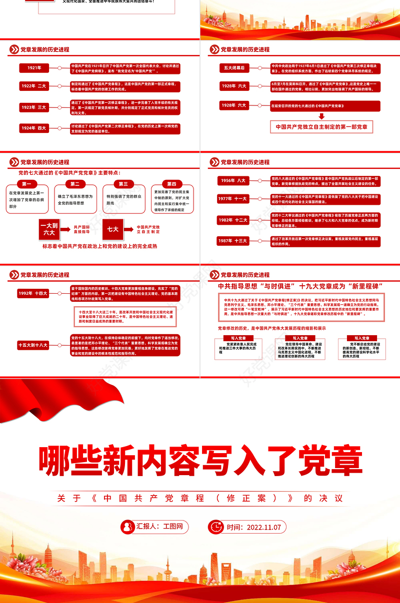 2022哪些新内容写入了党章PPT红色简洁风关于《中国共产党党章（修正案）的决议专题党课党建课件模板