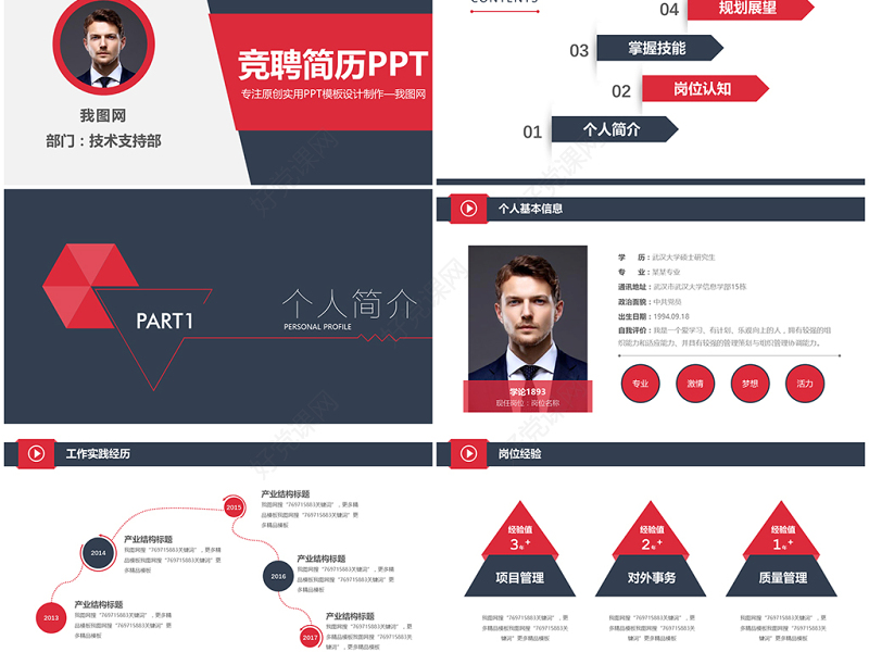 原创稳重个人简历竞选岗位竞聘报告PPT模板-版权可商用