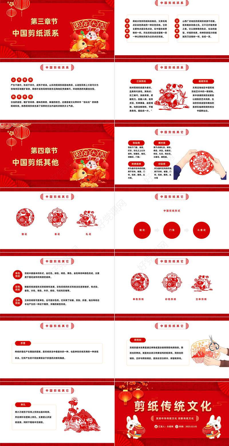 2023剪纸传统文化PPT红色古风剪纸传统文化知识介绍课件模板下载