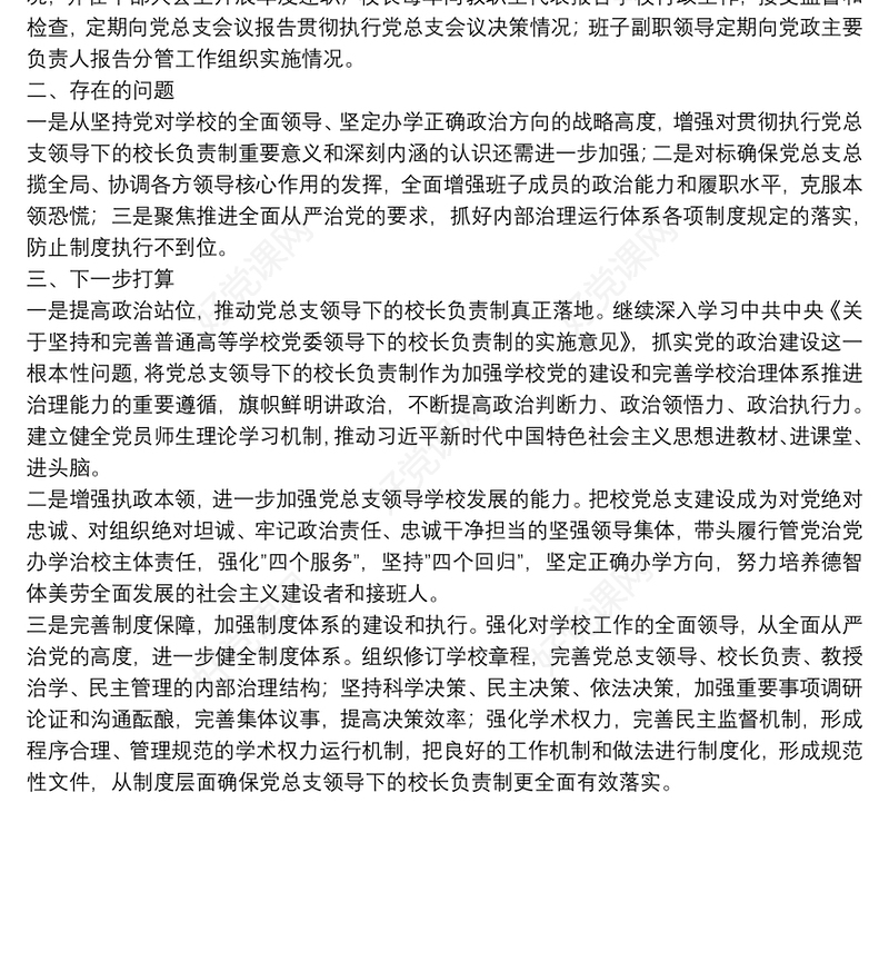 学校党总支贯彻执行党组织领导下的校长负责制情况自查报告