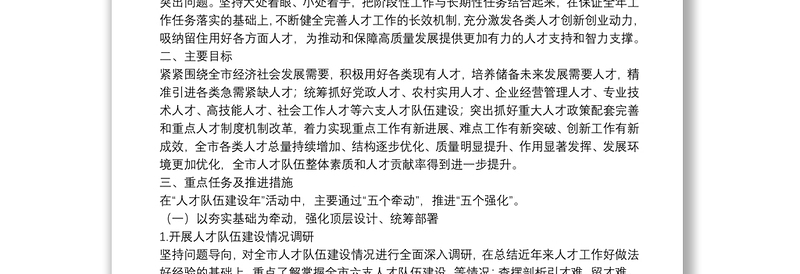 关于开展全市人才队伍建设年年活动的实施方案