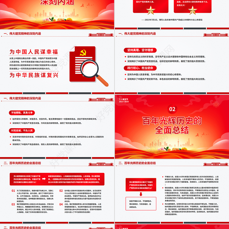 红色简洁2025重温建党精神谱写时代新篇PPT建党104周年党课下载