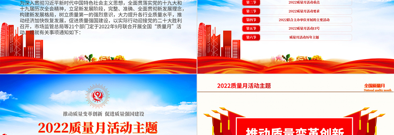 2022学习解读全国质量月活动PPT简约党建风深入学习贯彻推动质量变革创新促进质量强国建设全国质量月活动内容专题课件模板下载