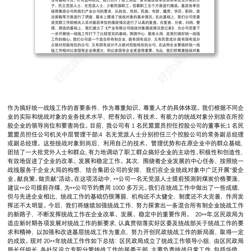 集团公司统战工作总结