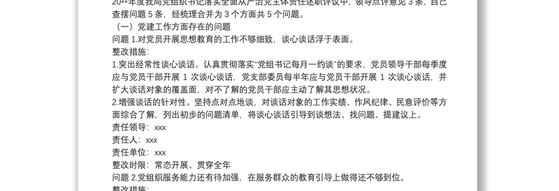 党组织书记20**年度落实全面从严治党主体责任述职评议问题整改方案