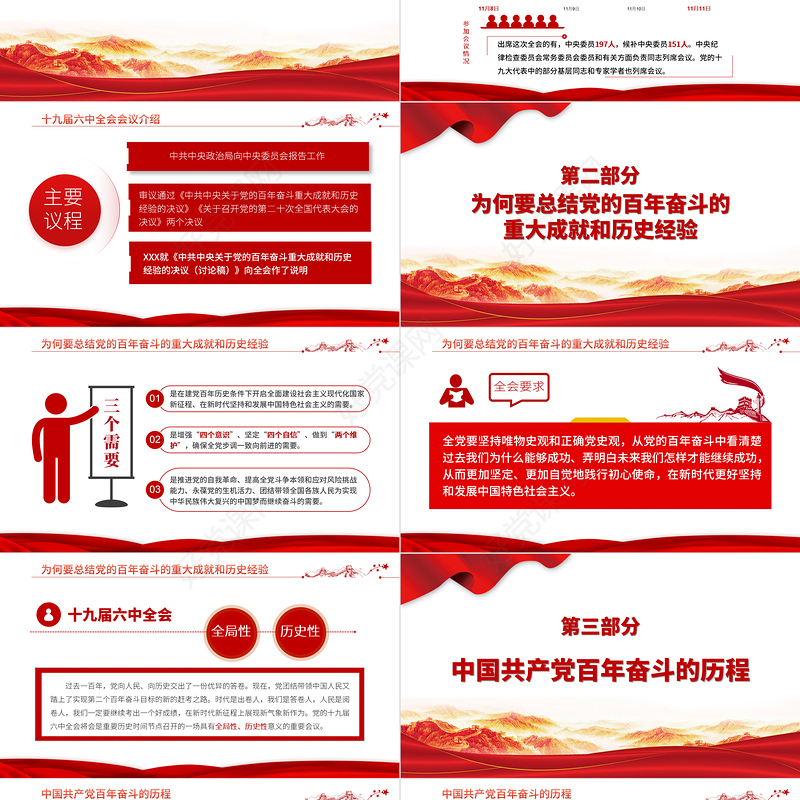 六中全会PPT红色简洁风深入解读十九届六中全会会议精神及其公报全文内容党员学习党课课件
