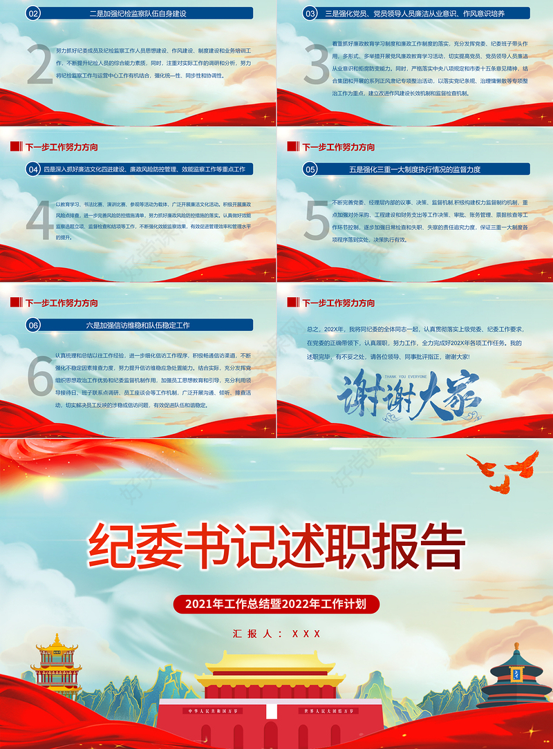 纪委书记述职报告PPT简约党政风党员干部工作总结暨新年工作计划专题党课课件模板